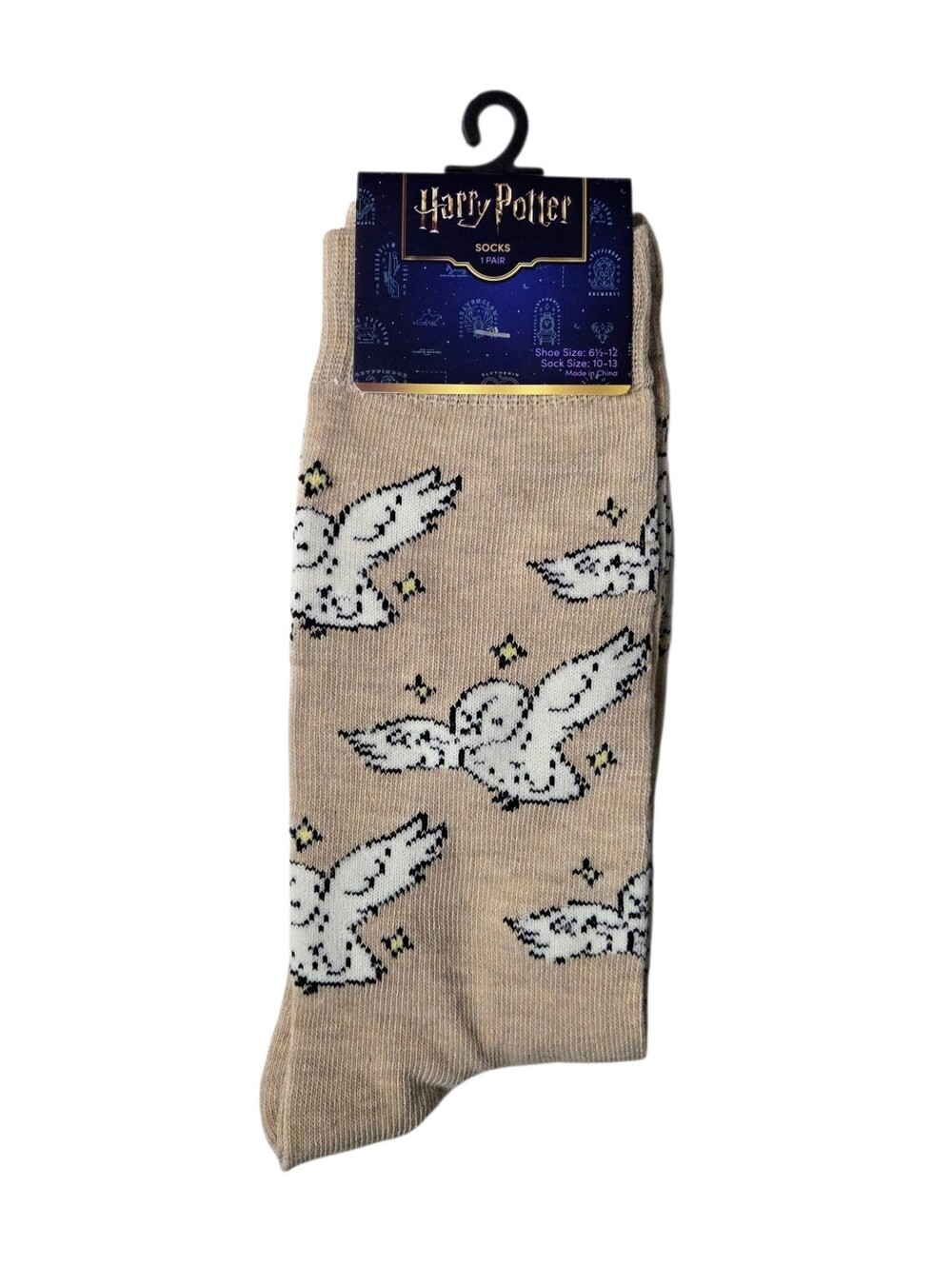 🔥4/$20 Harry Potter Mens Crew Socks NEW Mens 6.5-12 -Beige -1 Pair -Hedwig